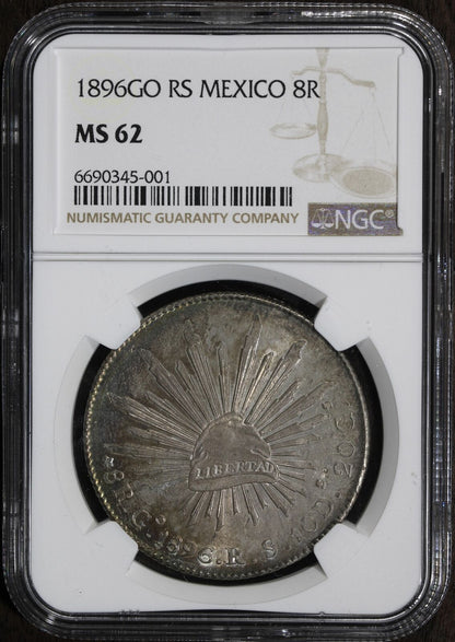 1896 Go RS (MS62) Mexico Cap & Rays 8 Reales NGC - Colorful Rim Tone!