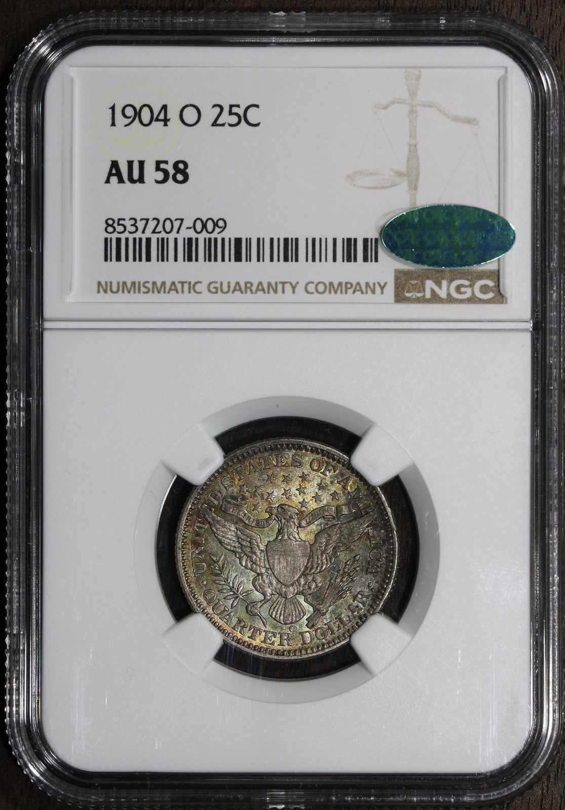 1904-O (AU58 CAC) Barber Quarter 25C NGC - Colorful Toning