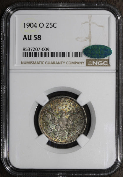 1904-O (AU58 CAC) Barber Quarter 25C NGC - Colorful Toning