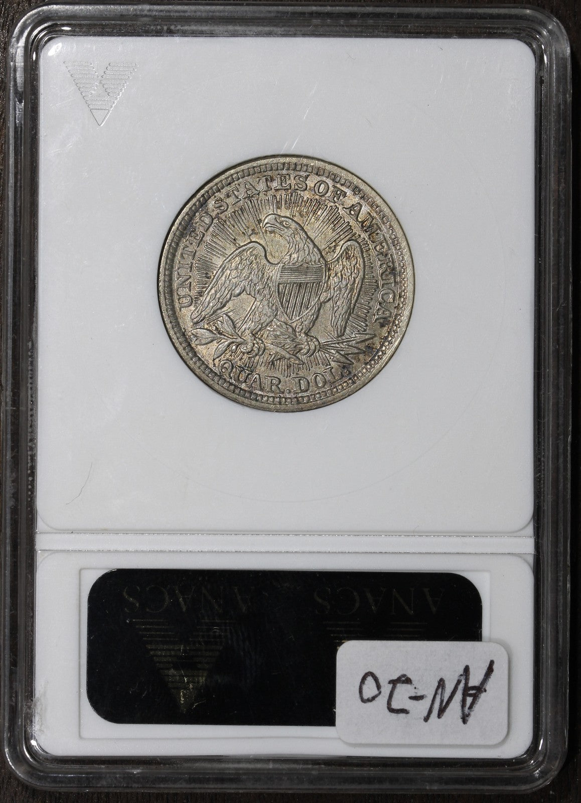 1853/4 (AU55) Seated Liberty Quarter with Arrows and Rays 25C ANACS Soapbox
