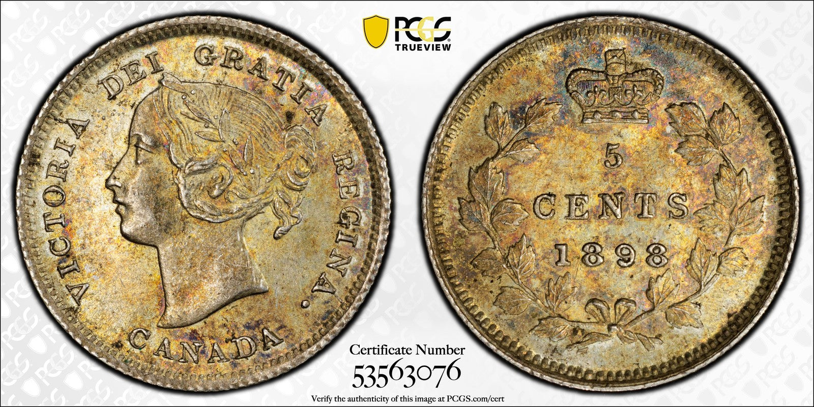 1898 (MS63) Canada Silver 5 Cents 5C PCGS - Wide Date, Choice UNC