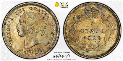 1898 (MS63) Canada Silver 5 Cents 5C PCGS - Wide Date, Choice UNC