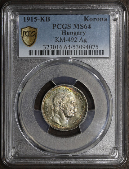 1915-KB (MS64) Hungary Franz Joseph Silver 1 Corona PCGS - Rainbow Toned