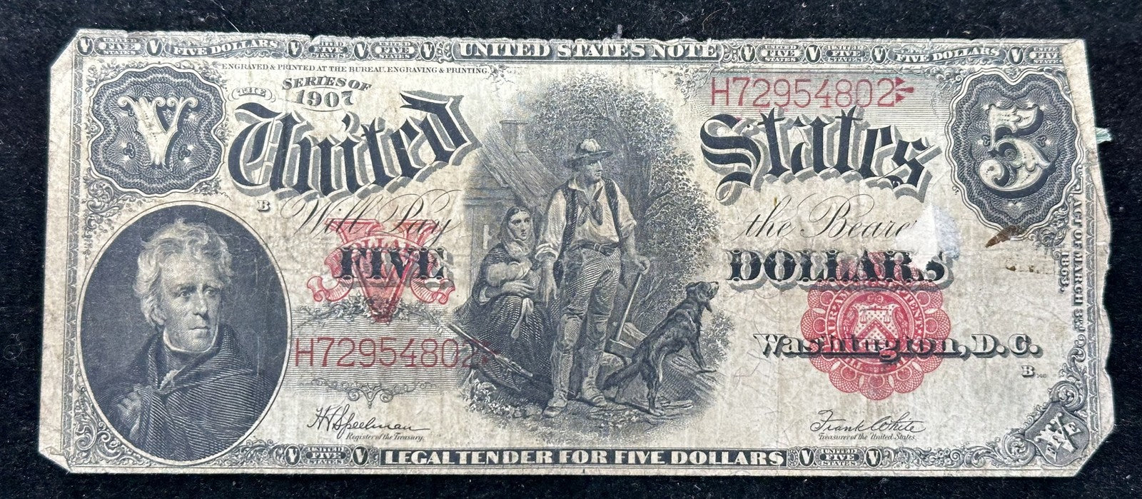 1907 $5 Wood Chopper Legal Tender Red Seal Note - Low Grade