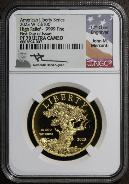 2023-W (PF70) 1 oz High Relief Proof Gold American Liberty $100 NGC FDOI Signed