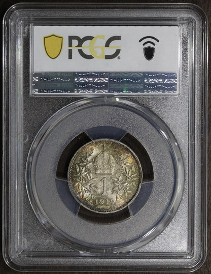 1914 (MS66) Austria Franz Joseph Silver 1 Corona PCGS - Rainbow Toned Top Pop
