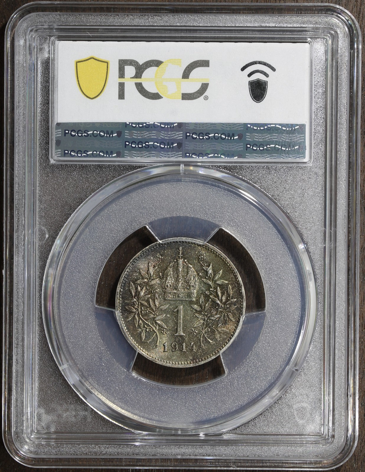 1914 (MS66) Austria Franz Joseph Silver 1 Corona PCGS - Rainbow Top Pop!