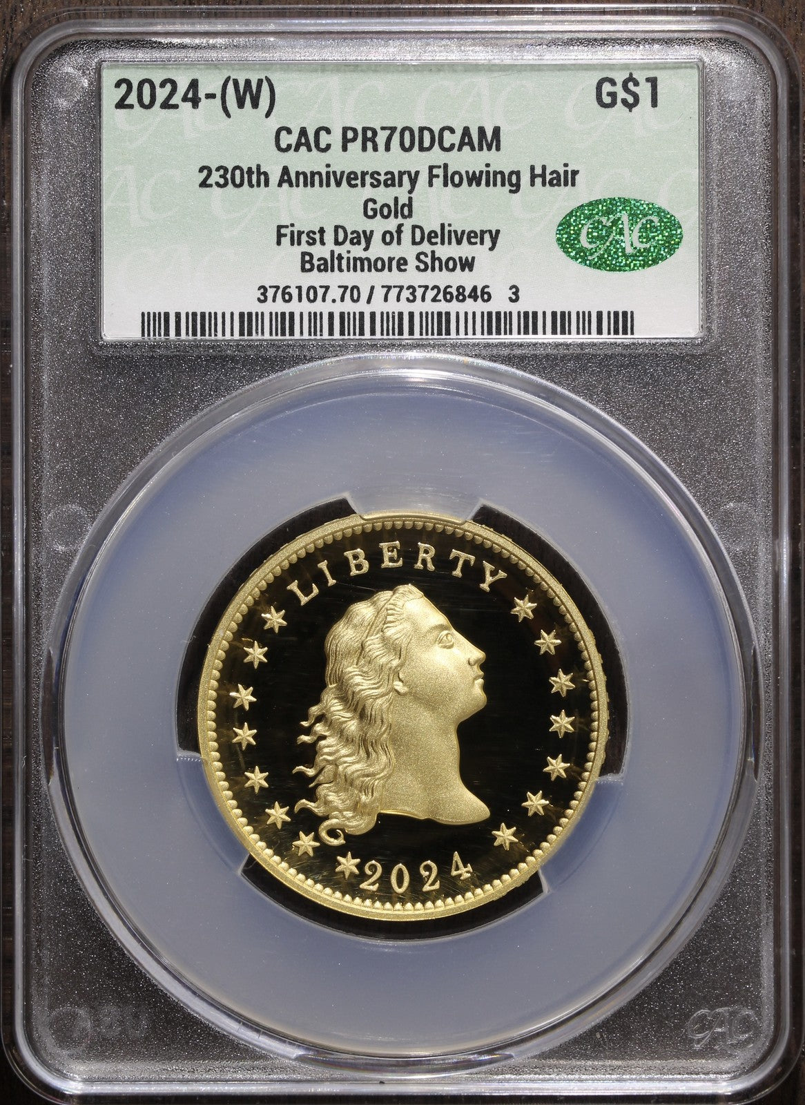 2024 (PR70) Flowing Hair $1 Gold Coin Baltimore CACG - 230th Anniversary FDOD