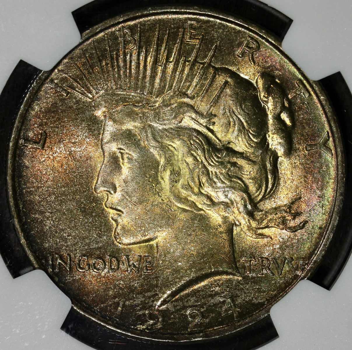 1924 (MS62 CAC) Peace Dollar $1 NGC - Rainbow Toned