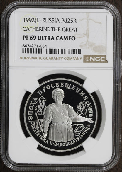 1992-L (PF69) Russia 1 oz Palladium 25 Roubles Pd25R NGC - Catherine the Great