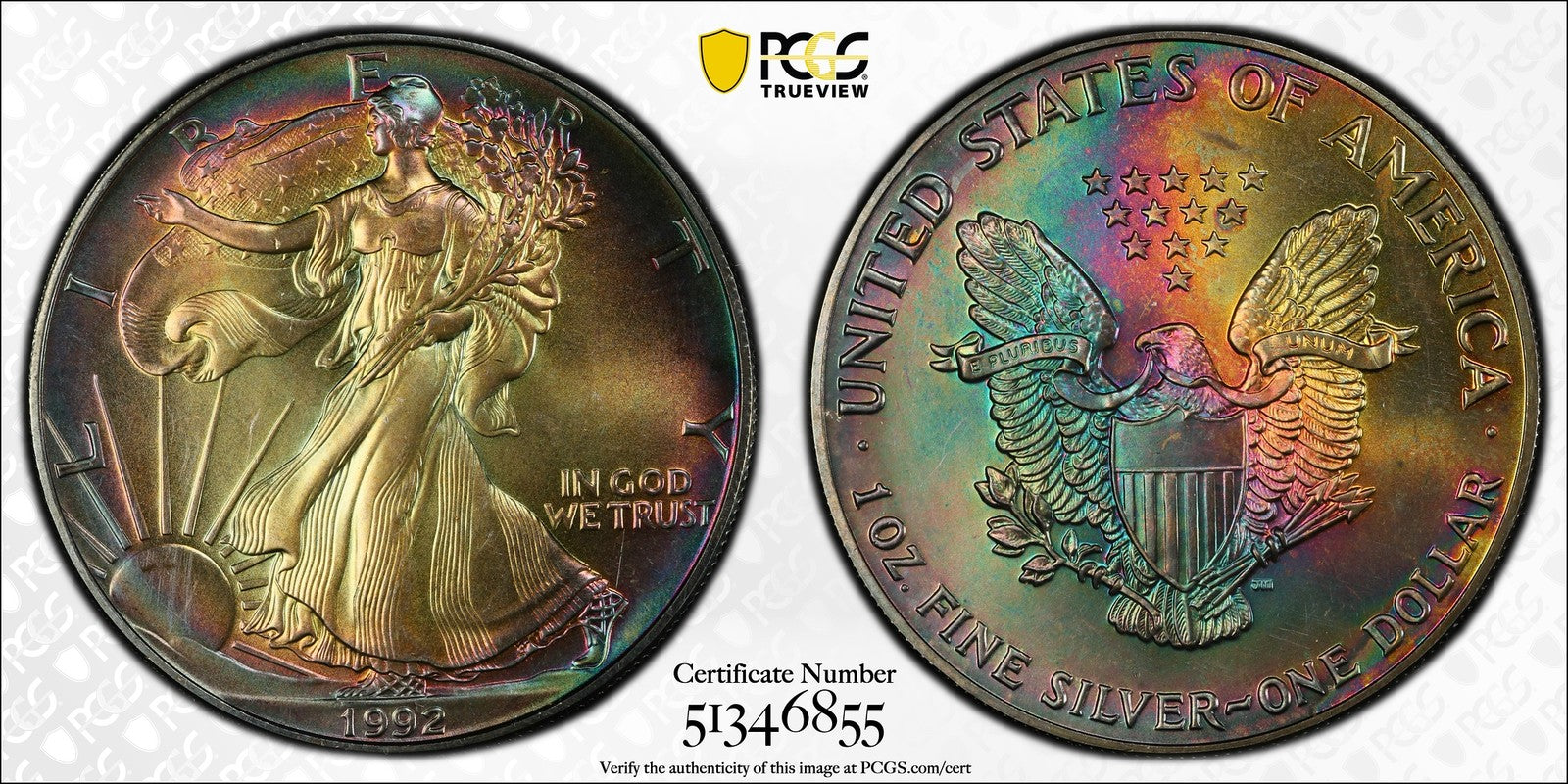 1992 (MS63) American Silver Eagle $1 PCGS - Rainbow Toned ASE!