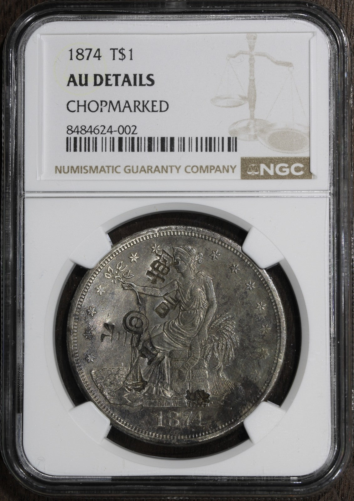 1874 (AU Details - Chopmark) Trade Dollar T$1 NGC - Crazy Chopmarks and Luster