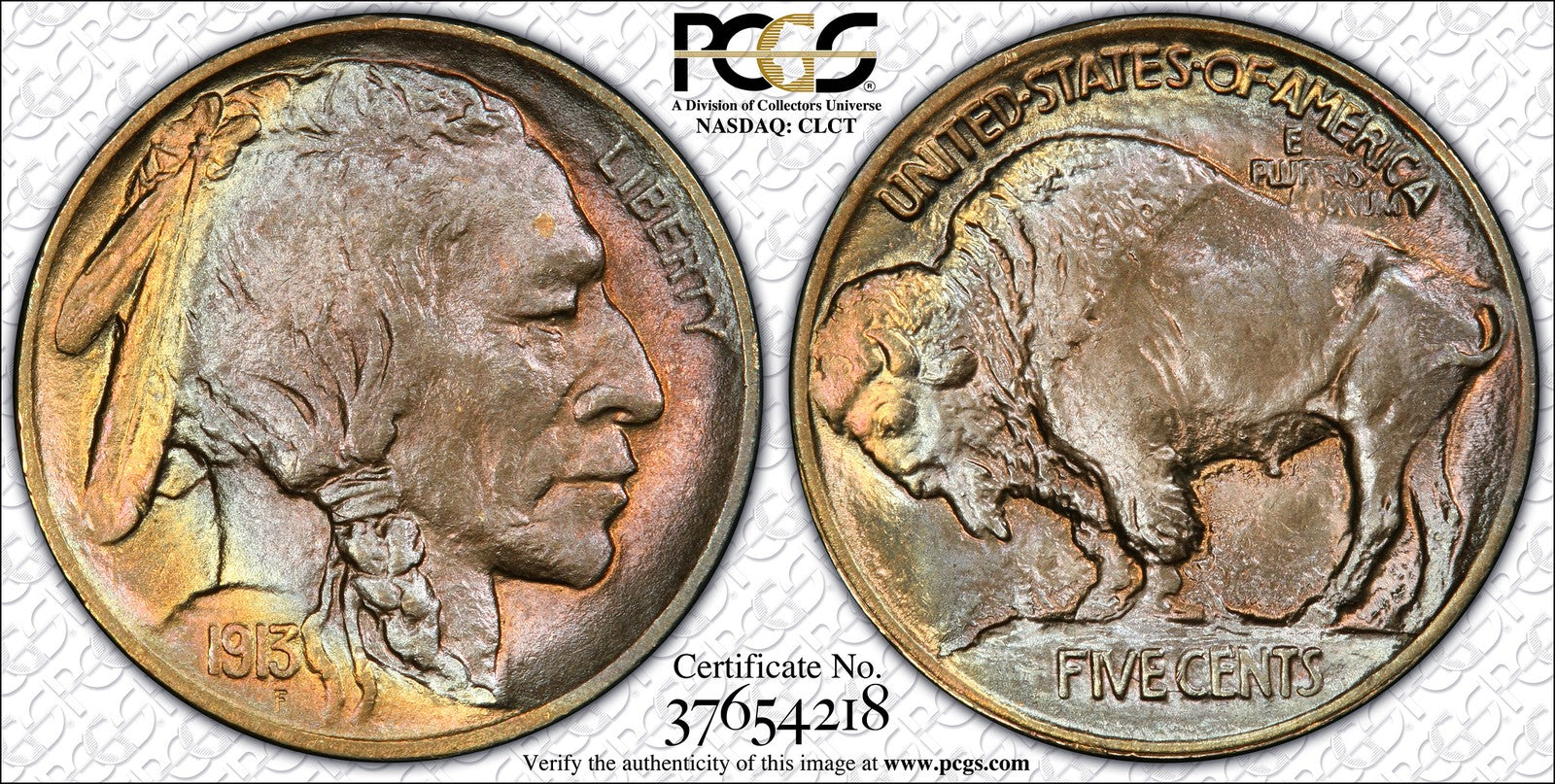1913 (MS67+ CAC) Type 1 Buffalo Nickel 5C PCGS - First Year Colorful Toning