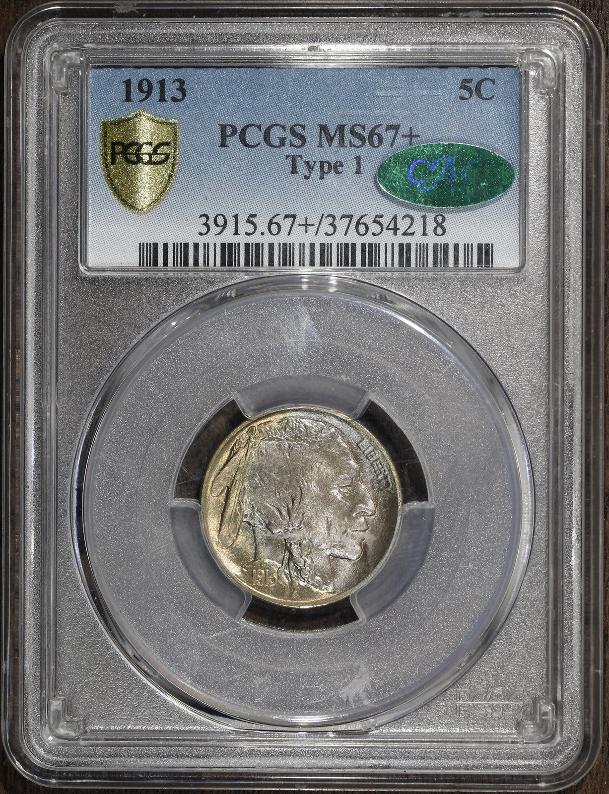 1913 (MS67+ CAC) Type 1 Buffalo Nickel 5C PCGS - First Year Colorful Toning