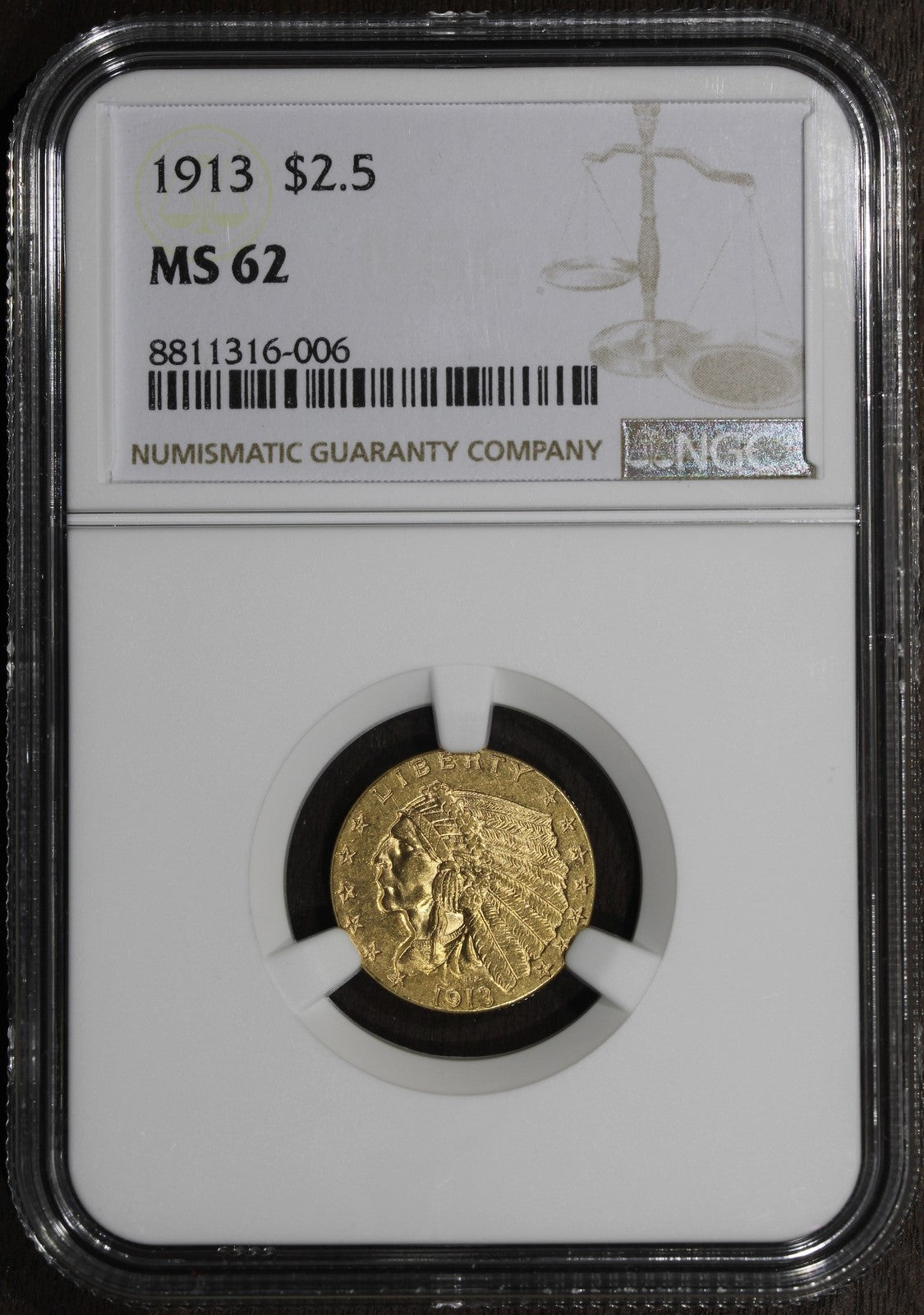 1913 (MS62) Indian Head Gold Quarter Eagle $2.5 NGC