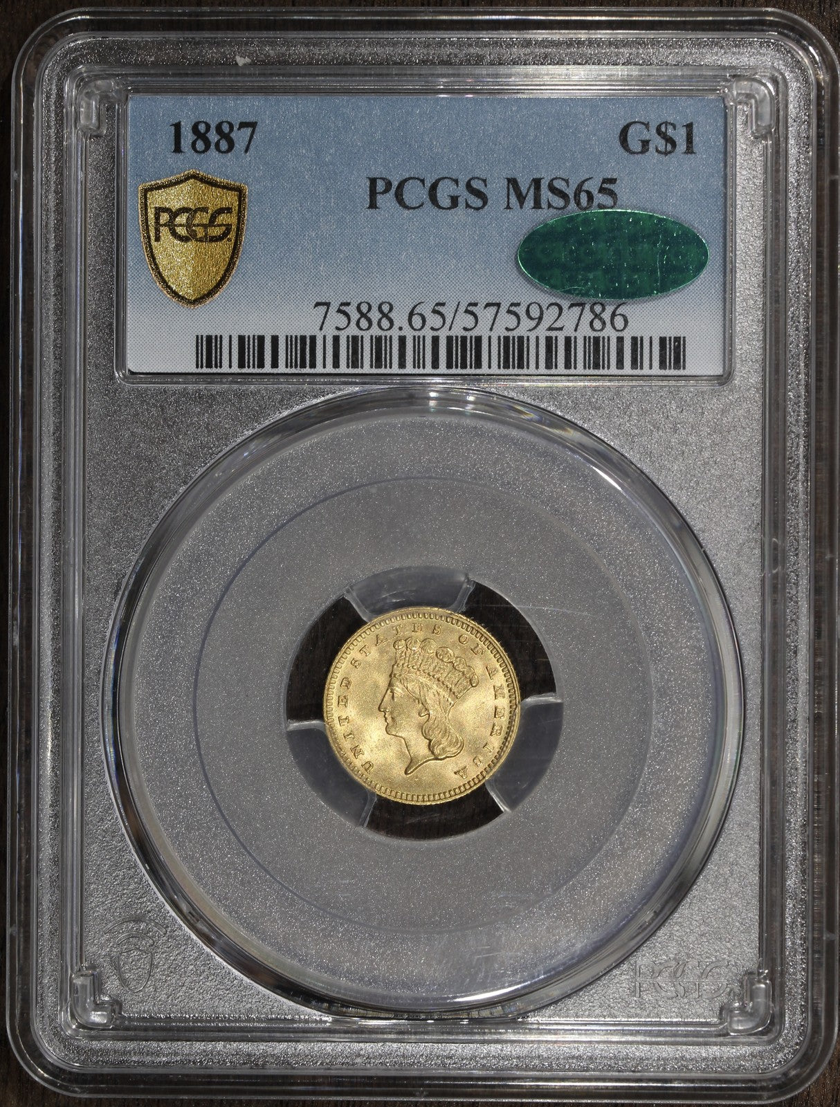 1887 (MS65 CAC) Type 3 Indian Princess Gold Dollar G$1 PCGS - Beautiful