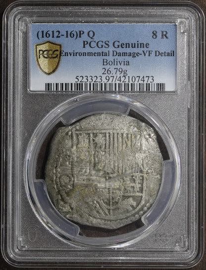 (1612-16) PQ (VF Detail) Boliva Cob Silver 8 Reales 8R PCGS - Damaged Holder