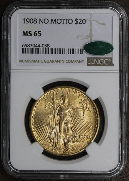 1908 (MS65 CAC) No Motto Saint Gauden's Gold Double Eagle $20 NGC - St.