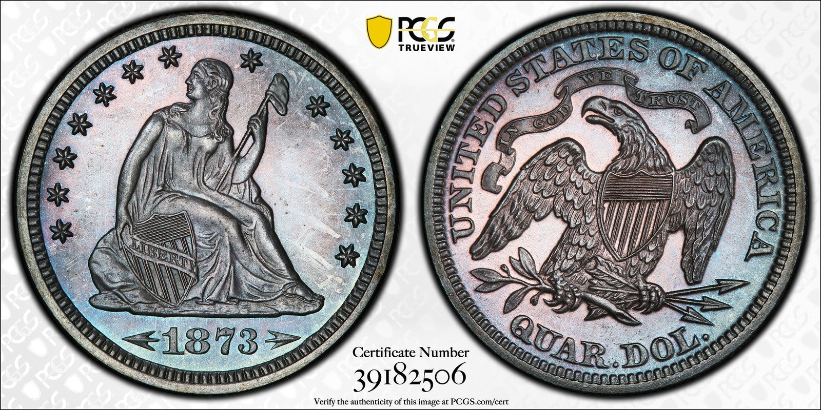 1873 (PR65) Proof Seated Liberty Quarter 25C PCGS - Arrows