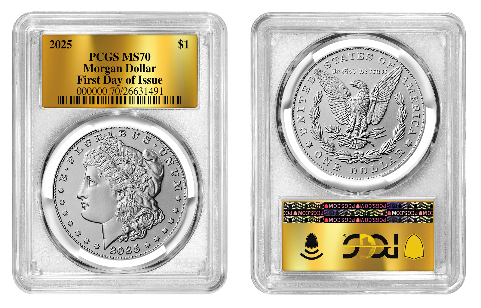 2025 (MS70) Morgan & Peace Silver Dollar First Day of Issue FDOI PCGS GOLD Label