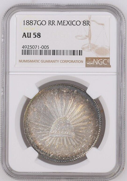 1887 Go RR (AU58) Mexico Cap & Rays 8 Reales NGC - Beautiful Rainbow Rim Tone