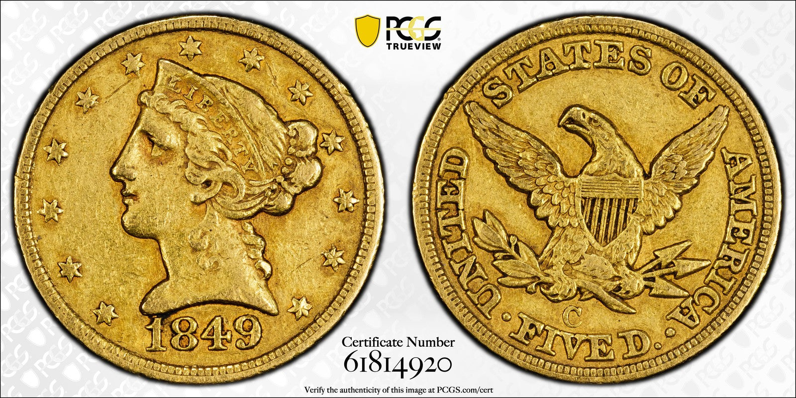 1849-C (XF45 CAC) Liberty Head Gold Half Eagle $5 PCGS - Rare Charlotte Mint !!