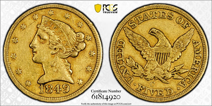 1849-C (XF45 CAC) Liberty Head Gold Half Eagle $5 PCGS - Rare Charlotte Mint !!