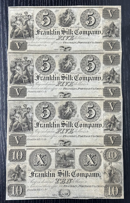 1800's Franklin Silk Company Obsolete Bank Note Uncut Sheet $5,5,5,10 - Remainer