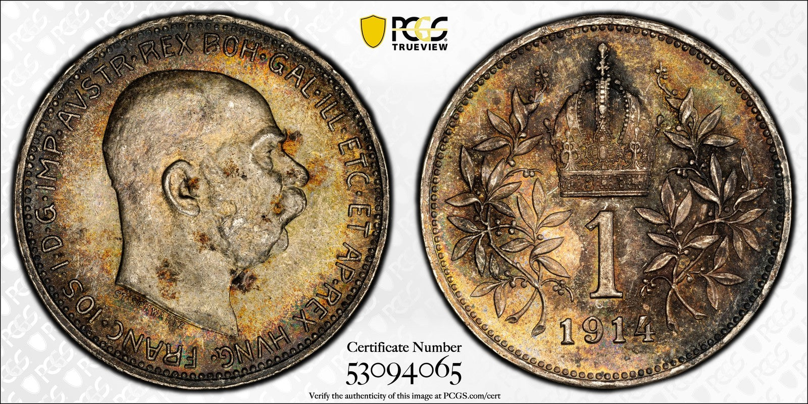 1914 (MS63) Austria Franz Joseph Silver 1 Corona PCGS - Beautiful Toning