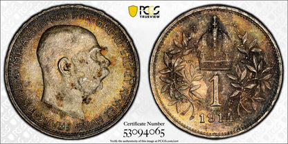 1914 (MS63) Austria Franz Joseph Silver 1 Corona PCGS - Beautiful Toning