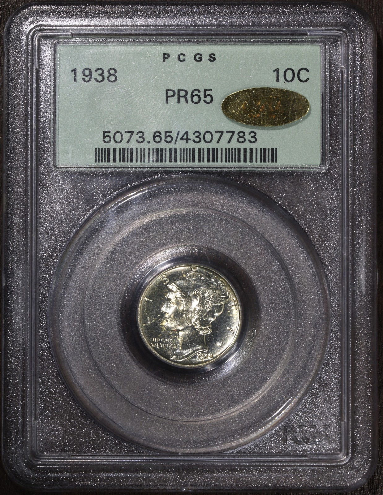 1938 (PR65 GOLD CAC) Proof Mercury Dime 10C PCGS OGH