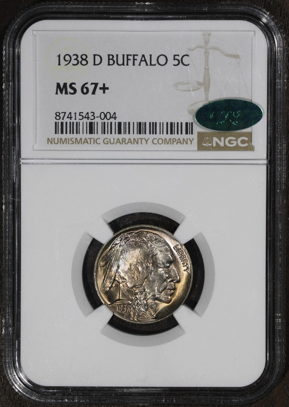 1938-D (MS67+ CAC) Buffalo Nickel 5C NGC - Great Toning, Plus Grade