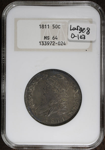 1811 (MS64) Capped Bust Half Dollar (Large 8) 50C NGC Fatty - Overton 103
