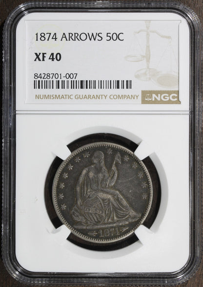 1874 (XF40) Seated Liberty Half Dollar 50C NGC - With Arrows