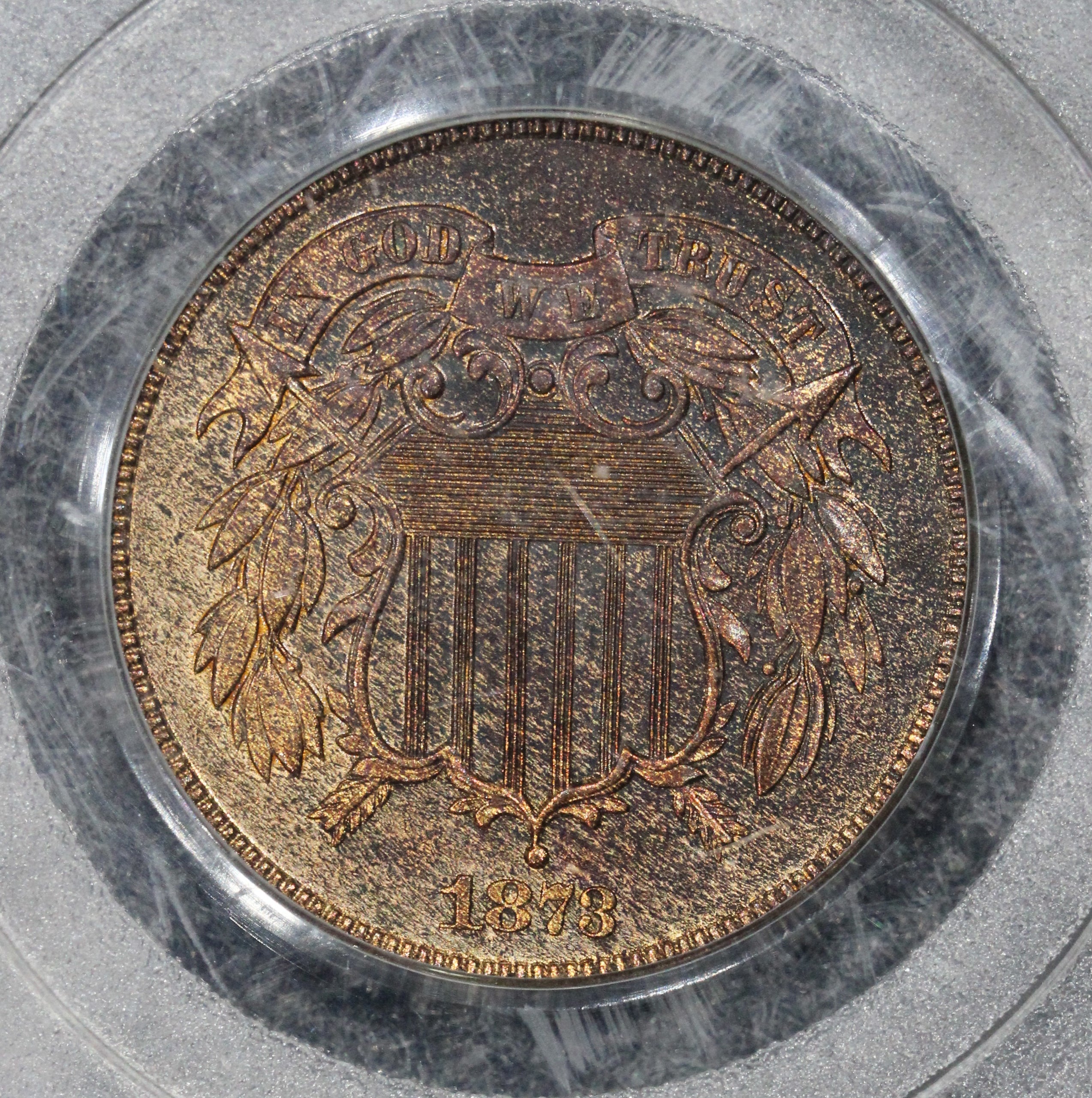 1873 (PR63 RB GOLD CAC) Proof Two-Cent Piece 2c PCGS (Closed 3) - GOLD STICKER