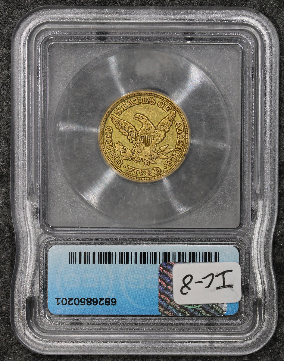 1849-D (AU50) $5 Liberty Head Gold Half Eagle ICG