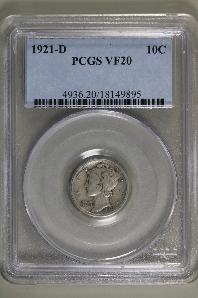 1921-D Mercury Dime 10c PCGS VF20 - Key Date!