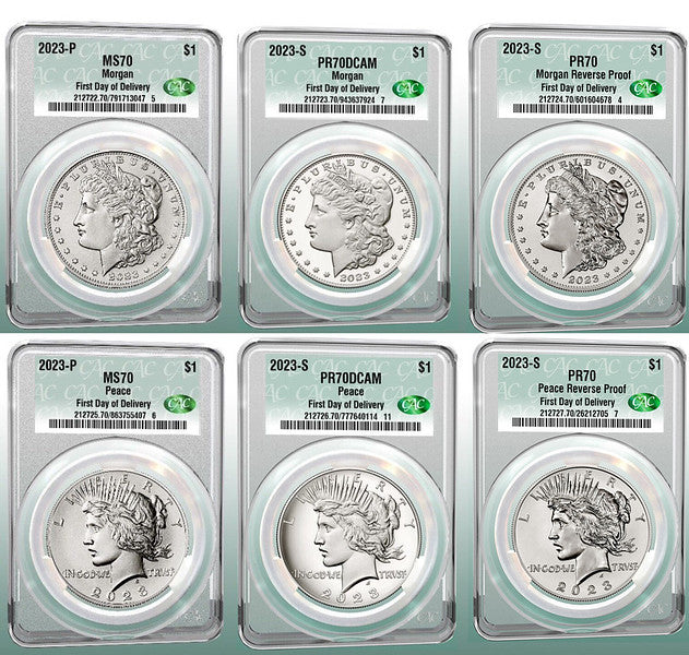 2023 (P, S) Six Coin Set $1 Morgan & Peace CAC First Day of Delivery