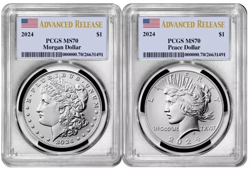 2024-P (MS70) Morgan & Peace Silver Dollar (2 Coin Set) Advanced Release AR PCGS