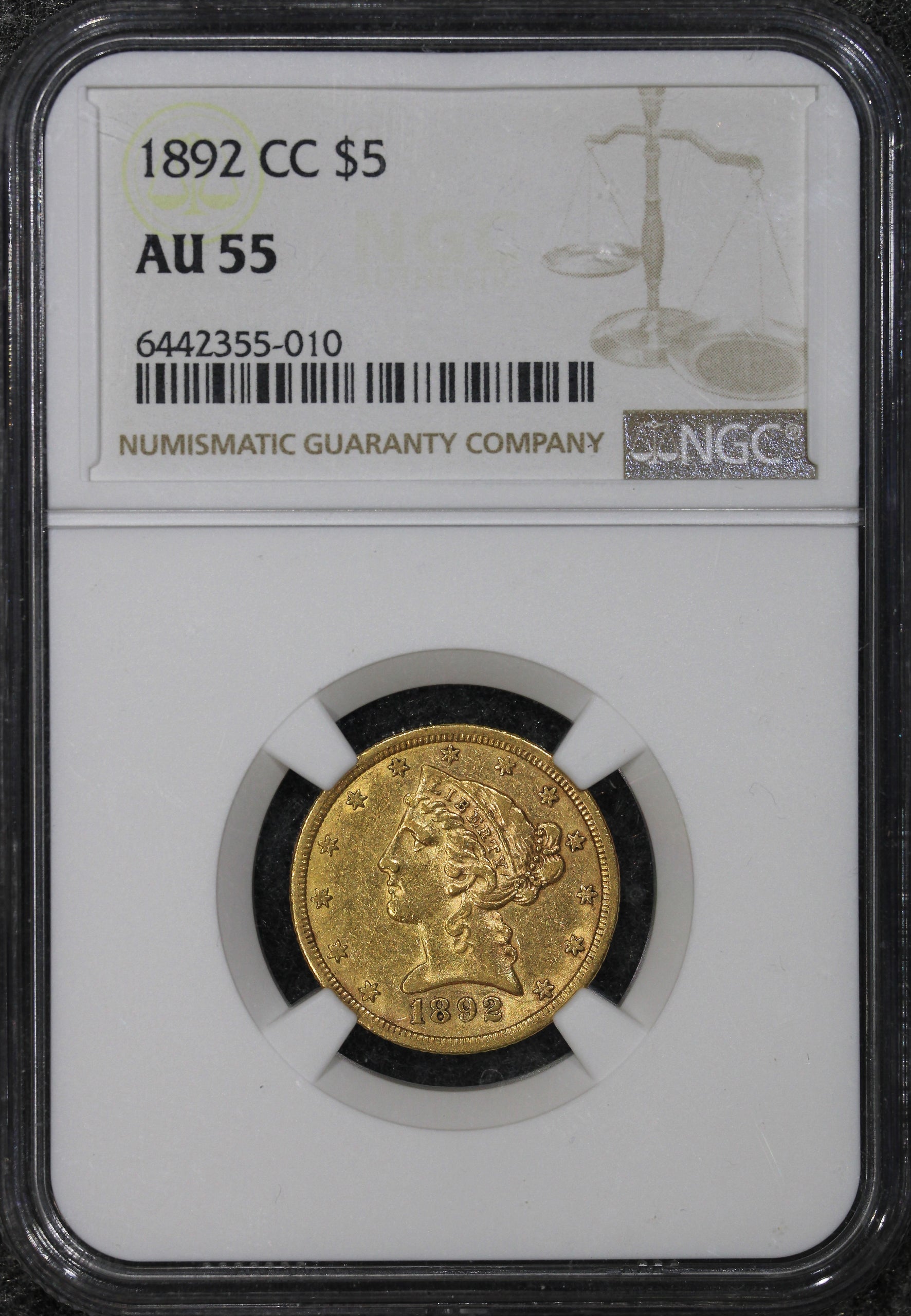 1892-CC (AU55) $5 Liberty Head Gold Half Eagle NGC - Carson City AU55