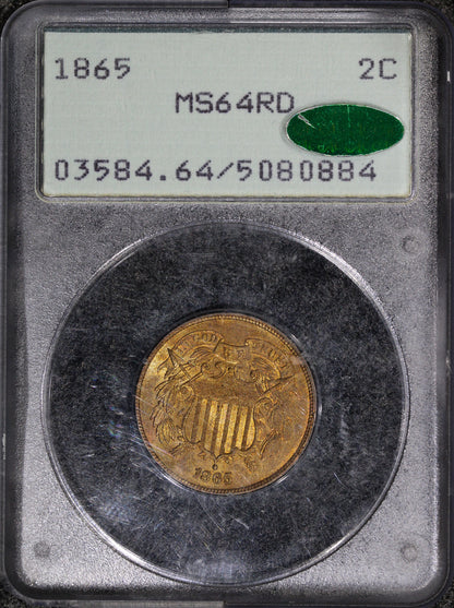 1865 (MS64 RD CAC) Two Cent Piece Red 2c Rattler Holder PCGS