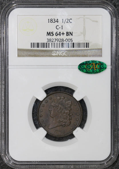 1834 (MS64+ BN CAC) 1/2c Classic Head Half Cent C-1 NGC