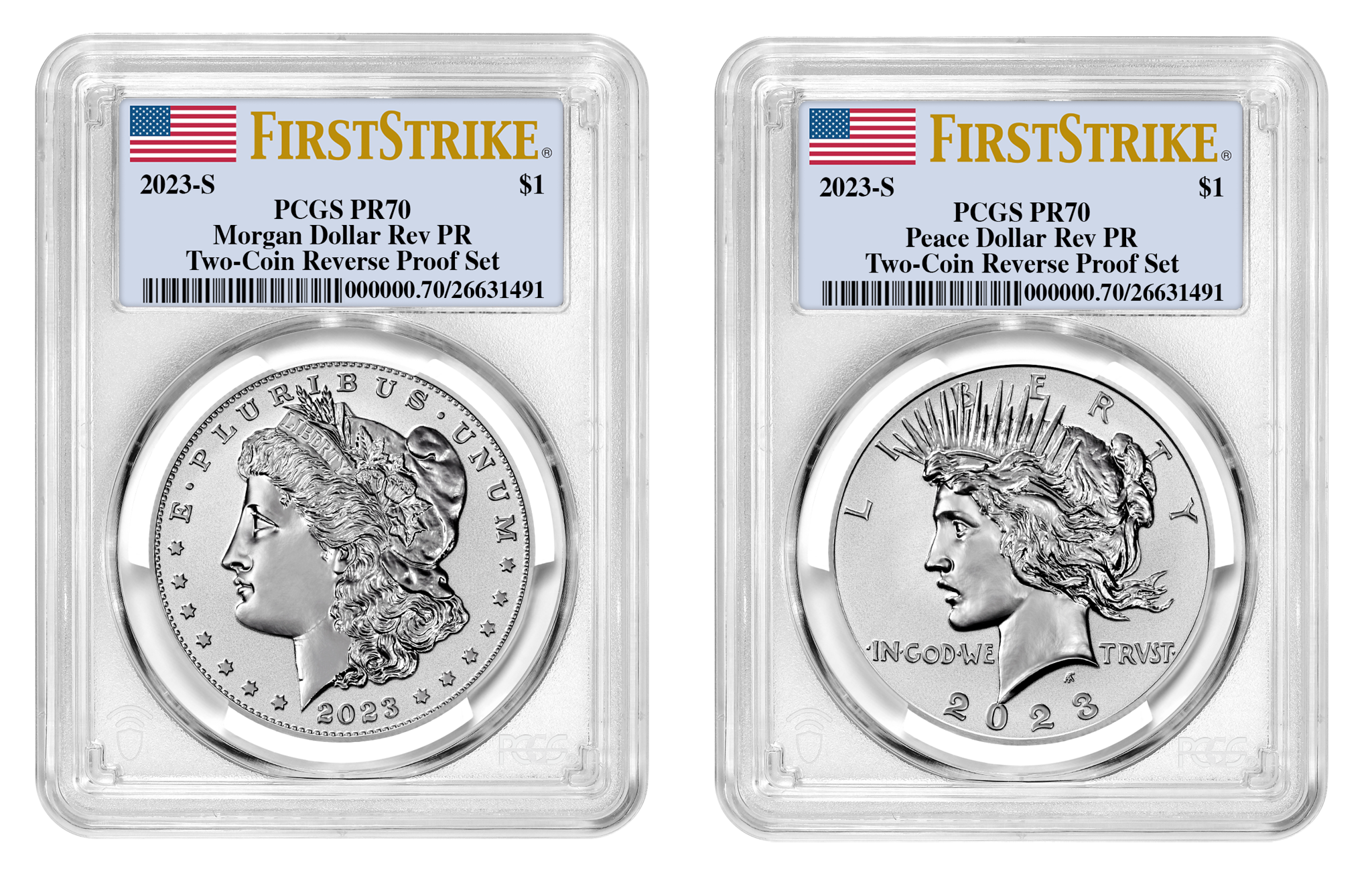 2023-S (PR70) Two Coin Set Reverse Proof $1 Morgan & Peace Silver Dollar FS PCGS