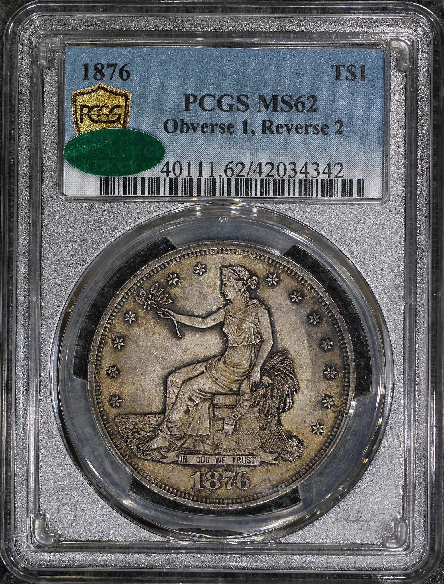 1876 (MS62 CAC) $1 Trade Silver Dollar (obv 1, rev 2) PCGS