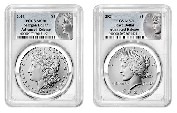 2024-P (MS70) Morgan & Peace Silver Dollar (2 Coin Set) Advanced Release AR PCGS