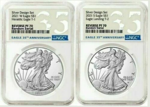 2021-W & S (PF70) Reverse Proof Silver Eagle Designer 2 Coin Set NGC Type 1 & 2