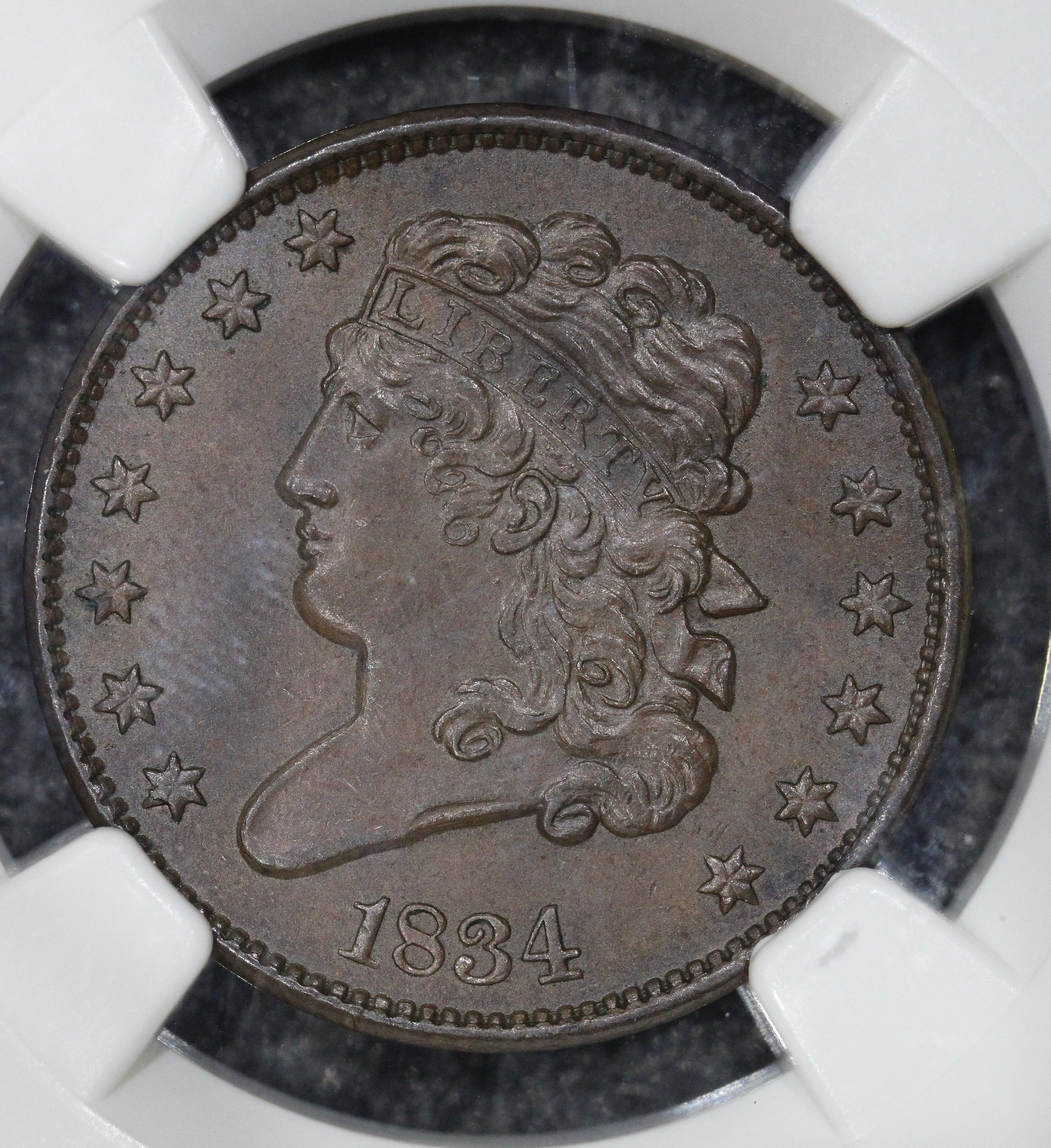 1834 (MS64+ BN CAC) 1/2c Classic Head Half Cent C-1 NGC