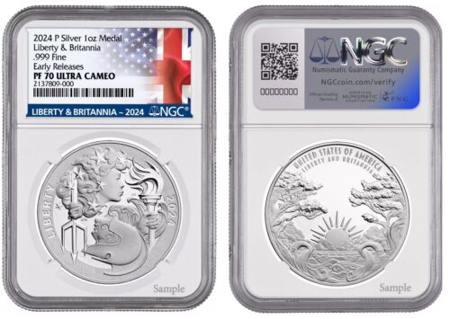 2024 (PF70 ER) Liberty & Britannia 1 oz Proof Silver Medal USA Early Release NGC