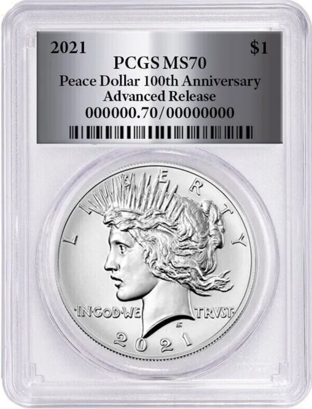 2021 (MS70) Peace Silver Dollar AR PCGS - Advanced Release - SILVER FOIL LABEL