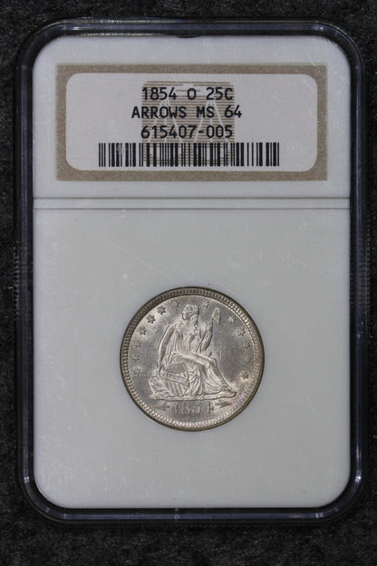 1854-O (MS64) Seated Liberty Quarter Arrows 25c NGC